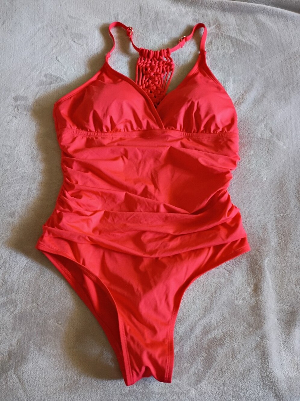 Jantzen Macrame Back Ruched Front One Piece Swimsuit in Fire Coral Size 14 NWT